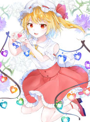 Rule 34 | 1girl, :d, absurdres, adapted costume, ascot, bare shoulders, blonde hair, blush, bow, breasts, clothing cutout, crystal, fang, flandre scarlet, floral background, flower, flower request, frilled shirt collar, frills, full body, hat, hat bow, heart, heart hands, highres, looking at viewer, mob cap, one side up, open mouth, petticoat, puffy short sleeves, puffy sleeves, purple flower, red bow, red eyes, red footwear, red skirt, shirt, short hair, short sleeves, shoulder cutout, simple background, skirt, small breasts, smile, solo, touhou, white background, white flower, white hat, white shirt, wings, yellow ascot, yurara (aroma42enola)