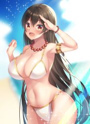 Rule 34 | 1girl, absurdres, amagi korona, armlet, bead necklace, beads, bikini, black hair, blush, breasts, brown eyes, fate/grand order, fate (series), highres, jewelry, large breasts, long hair, looking at viewer, navel, necklace, open mouth, prayer beads, smile, solo, sparkle, swimsuit, white bikini, xuangzang sanzang (fate), xuangzang sanzang (white cruising) (fate)