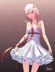 Rule 34 | 1girl, absurdres, bad id, bad pixiv id, bare shoulders, breasts, collarbone, commentary request, cowboy shot, dress, frilled dress, frills, guilty crown, highres, long hair, looking at viewer, open mouth, pink hair, red eyes, skirt hold, small breasts, solo, spaghetti strap, thighs, twintails, white dress, yuzuriha inori