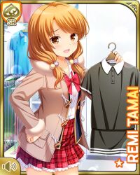 Rule 34 | 1girl, :d, blazer, blue jacket, bow, bowtie, brown coat, brown eyes, brown hair, card (medium), coat, day, girlfriend (kari), holding, indoors, jacket, looking at viewer, low twintails, official art, open clothes, open jacket, open mouth, plaid, plaid skirt, pleated skirt, qp:flapper, red bow, red skirt, school uniform, shirt, skirt, smile, socks, solo, standing, tagme, tamai remi, twintails, white shirt