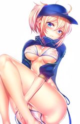 Rule 34 | 1girl, ahoge, artoria pendragon (fate), ass, baseball cap, bikini, blonde hair, blue eyes, blue jacket, blush, breasts, closed mouth, clothes lift, covered erect nipples, embarrassed, fate/grand order, fate (series), hair between eyes, hat, head tilt, highres, jacket, jacket lift, knees up, long hair, looking at viewer, medium breasts, mysterious heroine x (fate), mysterious heroine xx (fate), nipples, ponytail, pussy, pussy peek, see-through, shiny skin, shrug (clothing), sidelocks, silly (marinkomoe), simple background, sitting, solo, sweatdrop, swimsuit, thighs, track jacket, untied bikini, white background, zipper