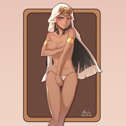 Rule 34 | 1girl, armlet, bad id, bad pixiv id, black hair, blush, breasts, bright pupils, cleavage, dark-skinned female, dark skin, dated, egyptian, feet out of frame, highres, ishizu ishtar, long hair, mrlo, open mouth, panties, purple eyes, shadow, signature, solo, topless, underwear, white panties, white pupils, yu-gi-oh!, yu-gi-oh! duel monsters