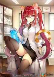 Rule 34 | 1girl, animal ears, arm support, black necktie, blouse, cat ears, cat tail, cocorip, desk, indoors, knee up, lab coat, long hair, miniskirt, necktie, on desk, original, pencil skirt, qurare magic library, red eyes, red hair, red shirt, shirt, sitting, on desk, skindentation, skirt, slit pupils, solo, tail, thighhighs, thighs, tsurime, two side up, very long hair