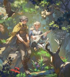 Rule 34 | 2boys, absurdres, animal, belt, bird, black hair, blonde hair, blue eyes, blue jacket, brown belt, brown footwear, brown gloves, cape, circlet, closed eyes, commission, deer, ema3, flower, forest, gloves, goggles, grass, green cape, highres, holding, holding instrument, indian style, instrument, jacket, looking at another, mandolin, multiple boys, mushroom, music, nature, open mouth, original, outdoors, playing instrument, rabbit, rock, short hair, sitting, star (symbol), sword, tree, weapon
