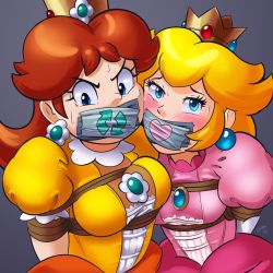 Rule 34 | 2girls, angry, arms behind back, bdsm, blonde hair, blue eyes, blush, bondage, bound, breasts, brown hair, crown, dress, ear piercing, earrings, elbow gloves, gag, gagged, gloves, improvised gag, jewelry, large breasts, long hair, looking at viewer, mario (series), multiple girls, nintendo, piercing, pink dress, princess daisy, princess peach, restrained, rope, shaxbert, short hair, super mario bros. 1, super mario land, sweat, tagme, tape, tape gag, tomboy, white elbow gloves, white gloves, yellow dress