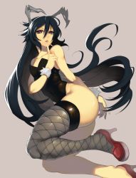 Rule 34 | 1boy, animal ears, ass, bad id, bad pixiv id, bare shoulders, black hair, covered navel, crossdressing, fake animal ears, fishnet thighhighs, fishnets, grey background, hair between eyes, high heels, hip focus, legs, leotard, long hair, male focus, male playboy bunny, navel, original, parted lips, playboy bunny, purple background, purple eyes, rabbit ears, rabbit tail, robot ears, shoes, simple background, single thighhigh, solo, tail, thighhighs, trap, very long hair, wadani hitonori, wide hips, wrist cuffs