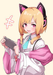 Rule 34 | 1girl, :d, absurdres, animal ear headphones, animal ears, aqua necktie, blonde hair, blue archive, bow, cat ear headphones, commentary request, fake animal ears, hair bow, hakurou hokuto, handheld game console, headphones, highres, holding, holding handheld game console, jacket, long sleeves, looking at viewer, momoi (blue archive), necktie, open mouth, pink eyes, red bow, shirt, short hair, simple background, smile, solo, teeth, upper teeth only, white jacket, white shirt, yellow background