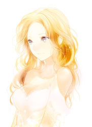 Rule 34 | 1girl, bare shoulders, blonde hair, blue eyes, breasts, cleavage, long hair, lpip, original, simple background, solo, upper body, white background