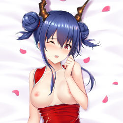 Rule 34 | 1girl, areola slip, arknights, blush, breasts, breasts out, ch&#039;en (ageless afterglow) (arknights), ch&#039;en (arknights), china dress, chinese clothes, cirnos, double bun, dragon horns, dress, hair between eyes, hair bun, hand up, horns, lips, long hair, looking at viewer, lying, medium breasts, nipples, official alternate costume, on back, on bed, one eye closed, open clothes, open dress, open mouth, petals, red dress, red eyes, sidelocks, sleeveless, sleeveless dress, solo, upper body