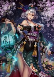 Rule 34 | 1girl, aoandon, blush, breasts, cleavage, fangs, flower, green lips, green nails, hair flower, hair ornament, highres, large breasts, lipstick, long hair, looking at viewer, makeup, nail polish, one eye closed, onmyoji, parted lips, purple eyes, ryuu32, silver hair, smile, solo, teeth