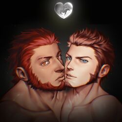 Rule 34 | 2boys, absurdres, bara, beard, blue eyes, bright pupils, brown hair, collarbone, commission, dark, facial hair, fate/grand order, fate (series), goatee, heart, highres, imminent kiss, iskandar (fate), long sideburns, male focus, mature male, metal, multiple boys, muscular, muscular male, napoleon bonaparte (fate), nude, pectorals, red eyes, red hair, second-party source, short hair, sideburns, thick lips, upper body, waiwai mura, yaoi