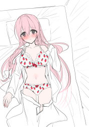 Rule 34 | 1girl, absurdres, bed, blush, bow, bow bra, bow panties, bra, braid, breasts, chihuri, clothes pull, collared shirt, dress shirt, food print, hair between eyes, hand up, highres, long hair, long sleeves, lying, medium breasts, off shoulder, on back, on bed, open clothes, open shirt, open skirt, original, panties, parted lips, pillow, pink hair, print bra, print panties, purple eyes, shirt, skirt, skirt pull, sleeves past wrists, solo, strawberry bra, strawberry panties, strawberry print, twin braids, underwear, very long hair, white bra, white panties, white shirt, white skirt