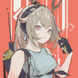 Rule 34 | 1girl, antlers, arknights, bare arms, black gloves, black hairband, brown hair, commentary, deer antlers, earrings, english commentary, expressionless, firewatch (arknights), firewatch (wilted cypress) (arknights), gloves, grey shirt, hairband, hand up, highres, holding, holding walkie-talkie, horns, jewelry, long hair, looking at viewer, multicolored eyes, official alternate costume, orange background, red eyes, shirt, shoulder strap, solo, upper body, walkie-talkie, yellow eyes, zygocactus
