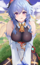 Rule 34 | 1girl, :3, :q, bare shoulders, blue hair, blue sky, blurry, blurry background, blush, bodystocking, breasts, cloud, commentary, day, detached sleeves, ganyu (genshin impact), genshin impact, hair between eyes, high-waist skirt, highres, horns, large breasts, long hair, long sleeves, looking at viewer, outdoors, purple eyes, skirt, sky, solo, tongue, tongue out, vision (genshin impact), wakya, white skirt