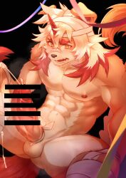 Rule 34 | 1boy, abs, absurdres, arknights, artist request, bar censor, bara, black background, censored, chinese commentary, collaboration, collaboration request, colored tips, commentary request, cum, cum on body, erection, facial, fangs, furry, furry male, heiyuoliva, highres, horns, hung (arknights), komainu boy, komainu ears, komainu tail, male focus, mane (omedemidori), multicolored hair, mummy costume, muscular, muscular male, nipples, nude, open mouth, pectorals, penis, single horn, streamers, testicles, veins, veiny penis