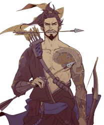 Rule 34 | 1boy, arrow (projectile), asymmetrical clothes, bad id, bad twitter id, bandolier, bare shoulders, beard, belt pouch, bow (weapon), brown eyes, brown hair, collarbone, dragon print, dragon tattoo, facial hair, fangs, furrowed brow, goatee, hair tie, hanzo (overwatch), holding, holding weapon, japanese clothes, kimono, kkangcheol, looking at viewer, male focus, mouth hold, muscular, mustache, overwatch, overwatch 1, ponytail, pouch, quiver, serious, short hair, simple background, solo, tattoo, teeth, teeth hold, upper body, weapon, white background, whitem (whiteemperor2020)