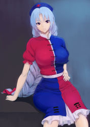 Rule 34 | 1girl, blue dress, bow, braid, breasts, dress, female focus, frilled dress, frills, grey hair, hair bow, hand on own hip, hat, head tilt, highres, hip focus, kakone, large breasts, lips, long hair, looking at viewer, multicolored clothes, multicolored dress, nurse cap, parted lips, purple eyes, red dress, short dress, single braid, sitting, solo, teeth, thighs, touhou, trigram, very long hair, wide hips, yagokoro eirin