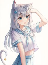 Rule 34 | 1girl, animal ear fluff, animal ears, aqua eyes, bell, cat ears, cat tail, extra ears, highres, long hair, looking at viewer, navel, omul, open mouth, original, pleated skirt, sailor collar, school uniform, serafuku, short sleeves, silver hair, skirt, tail, tail bell, tail ornament