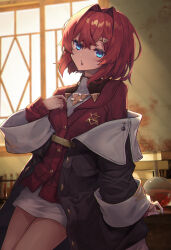 Rule 34 | 1girl, ange katrina, ange katrina (1st costume), arm support, black coat, blue eyes, breasts, coat, hair ornament, hairclip, highres, hopepe, indoors, long sleeves, looking at viewer, nijisanji, parted lips, red hair, short hair, skirt, small breasts, solo, virtual youtuber, white skirt, window