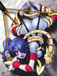 Rule 34 | 1girl, ass, bdsm, blue skin, bondage, bound, cherry bosoms, colored skin, detached sleeves, highres, leviathan (skullgirls), open mouth, skullgirls, solo, squigly (skullgirls), stitched mouth, stitches, thighhighs, zombie