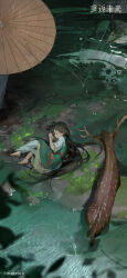 Rule 34 | 1girl, 1other, absurdres, aged down, barefoot, black hair, brown umbrella, chinese clothes, closed eyes, copyright name, copyright notice, deer, from above, green hanfu, hanfu, highres, jiu niangzi, leaf, logo, long hair, lying, moss, official art, official wallpaper, oil-paper umbrella, on ground, on side, reverse:1999, sleeping, sleeves past elbows, umbrella, water, wide shot