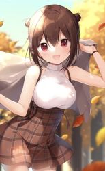Rule 34 | 1girl, :d, bare arms, bare shoulders, black hair, blurry, blurry background, brown hair, brown skirt, commentary request, depth of field, double bun, hair between eyes, hair bun, hands up, highres, holding, looking at viewer, miyasaka naco, open mouth, original, outdoors, plaid, plaid skirt, red eyes, sidelocks, skirt, sleeveless, sleeveless turtleneck, smile, solo, sweater, turtleneck, turtleneck sweater, white sweater