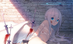 Rule 34 | 1girl, angel, angel wings, bandages, blood, crescent, crying, cuffs, halo, impaled, izumi sai, long hair, looking at viewer, lying, naked bandage, on side, original, pointy ears, shackles, silver hair, solo, tears, wings