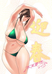 Rule 34 | 1girl, bikini, breasts, brown hair, curvy, fusano fumie, highres, huge breasts, mature female, milk junkies, milk junkies 2, mole, mole on breast, plump, solo, swimsuit, tatsunami youtoku, thick thighs, thighs, wide hips