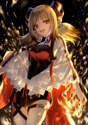 Rule 34 | 1girl, absurdres, arknights, black background, blonde hair, cloak, dress, embers, fang, fire, grin, head tilt, highres, horns, ifrit (arknights), long sleeves, looking at viewer, miniskirt, mukaend, nail polish, red eyes, short dress, skirt, smile, solo focus, strap, thigh strap, thighs, twintails