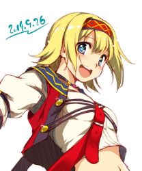 Rule 34 | 10s, 1girl, :d, blonde hair, blue eyes, character request, dated, hairband, jewelry, kikurage (plastic people), looking at viewer, navel, necklace, open mouth, short hair, smile, solo, suisei no gargantia, upper body, white background