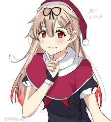 Rule 34 | 168admiral (sunflower), 1girl, black ribbon, blonde hair, capelet, hair flaps, hair ornament, hair ribbon, hairclip, hat, highres, index finger raised, kantai collection, long hair, one-hour drawing challenge, red capelet, red eyes, ribbon, santa hat, simple background, solo, upper body, white background, yuudachi (kancolle), yuudachi kai ni (kancolle)