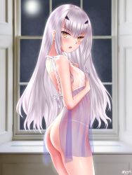 Rule 34 | 1girl, absurdres, ass, babydoll, blush, breasts, cowboy shot, melusine (fate), fate/grand order, fate (series), hair between eyes, hair ornament, highres, indoors, lace, lingerie, long hair, looking at viewer, panties, see-through, signature, silver hair, small breasts, standing, underwear, underwear only, window, yayanri, yellow eyes