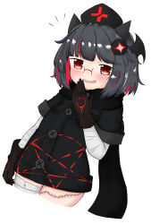 Rule 34 | 1girl, :d, bailingxiao jiu, bandaged arm, bandaged leg, bandages, black gloves, black hair, black hat, black jacket, black scarf, blush, cropped legs, dutch angle, fang, glasses, gloves, hair ornament, hat, highres, jacket, looking at viewer, multicolored hair, nurse cap, open mouth, original, pentagram, red-framed eyewear, red eyes, red hair, scarf, short sleeves, simple background, smile, solo, stitches, two-tone hair, white background