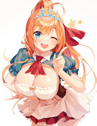 Rule 34 | 1girl, ;d, absurdres, ahoge, ascot, blue eyes, blush, braid, breasts, cleavage, hand on own hip, highres, index finger raised, large breasts, long hair, looking at viewer, munseonghwa, one eye closed, open mouth, orange hair, pecorine (princess connect!), ponytail, princess connect!, red ascot, simple background, single braid, smile, solo, star (symbol), teeth, tiara, upper teeth only, white background