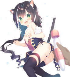 Rule 34 | 1girl, animal ear fluff, animal ears, ass, black hair, black panties, black ribbon, black thighhighs, blurry, blurry foreground, blush, breasts, cat ears, cat girl, cat tail, depth of field, fang, from behind, green eyes, hitachi magic wand, karyl (princess connect!), long hair, looking at viewer, looking back, low twintails, multicolored hair, nipples, open mouth, panties, pov, princess connect!, ribbon, sex toy, side-tie panties, small breasts, solo focus, streaked hair, surprised, tail, tail raised, tears, thigh strap, thighhighs, topless, twintails, two-tone hair, underwear, very long hair, vibrator, white hair, yuizaki kazuya