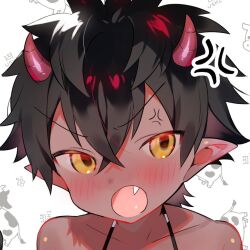 Rule 34 | 1boy, anger vein, angry, animal print, black hair, bra strap, child, close-up, colored skin, commentary request, cow print, cropped shoulders, demon boy, demon horns, fang, hair between eyes, horns, looking at viewer, male focus, marui shiro, open mouth, original, pointy ears, portrait, profile, red skin, short hair, simple background, solo, upper body, white background, yellow eyes