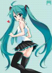 Rule 34 | 1girl, ahoge, ama (monochrome works), aqua eyes, aqua hair, bad id, bad pixiv id, blush, character name, checkered background, hatsune miku, heart, long hair, looking back, mw ama, necktie, open mouth, skirt, solo, thighhighs, twintails, very long hair, vocaloid