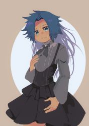 Rule 34 | 1girl, :s, absurdres, alternate costume, arm at side, black bow, black bowtie, black dress, blue eyes, blue hair, blush, bow, bowtie, brown background, buttons, closed mouth, collar, commentary, cowboy shot, dress, eyebrows hidden by hair, forehead, frilled collar, frilled dress, frills, grey shirt, hand on own chest, highres, himemushi momoyo, long hair, long sleeves, looking at viewer, shirt, simple background, solo, standing, striped clothes, striped shirt, suspenders, sweatdrop, totopepe888, touhou, vertical-striped clothes, vertical-striped shirt, wavy mouth, white collar