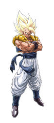 Rule 34 | 1boy, absurdres, baggy pants, black wristband, blonde hair, blue sash, commentary, crossed arms, dragon ball, dragon ball super, dragon ball super broly, dragonball z, english commentary, gogeta, green eyes, highres, knew sky, male focus, metamoran vest, mixed-language commentary, muscular, muscular male, pants, retro artstyle, sash, shoes, smirk, solo, spiked hair, super saiyan, super saiyan 1, white pants, wristband