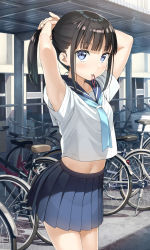 Rule 34 | 1girl, aqua neckerchief, armpits, arms up, bicycle, black hair, blouse, blue eyes, breasts, commentary request, cowboy shot, foreshortening, highres, kantoku, looking at viewer, midriff, midriff peek, mouth hold, navel, neckerchief, original, outdoors, pleated skirt, school uniform, serafuku, shirt, short sleeves, sidelocks, skirt, small breasts, solo, tying hair, white shirt