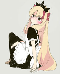 Rule 34 | 1girl, alternate costume, apron, azumi (myameco), black thighhighs, blonde hair, earrings, enmaided, ereshkigal (fate), fate/grand order, fate (series), frilled apron, frills, jewelry, lace trim, long hair, looking at viewer, looking back, maid, parted bangs, puffy short sleeves, puffy sleeves, red eyes, red ribbon, ribbon, short sleeves, sitting, thighhighs, tiara, two side up, very long hair