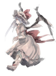 Rule 34 | 1girl, bat wings, blue hair, bow, dress, from side, hat, hat bow, hisona (suaritesumi), jumping, mob cap, painting (medium), red eyes, remilia scarlet, shoes, short hair, solo, touhou, traditional media, watercolor (medium), wings, wrist cuffs