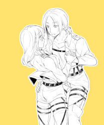 Rule 34 | 2girls, krista lenz, eye contact, freckles, hand on own hip, holding hands, interlocked fingers, jacket, looking at another, marimo1011, monochrome, multiple girls, ponytail, shingeki no kyojin, short hair, simple background, three-dimensional maneuver gear, uniform, yellow background, ymir (shingeki no kyojin), yuri