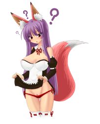 Rule 34 | 1girl, ?, animal ears, blush, breasts, enoko (zqfebi), female pubic hair, highres, large breasts, open mouth, original, pubic hair, purple hair, red eyes, simple background, solo, tail, white background