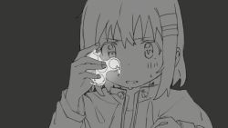 Rule 34 | 1girl, animated, animated gif, confused, d:, dark, fidget spinner, fingernails, gif artifacts, glowing, greyscale, hair between eyes, hair ornament, hairclip, hands up, holding, jacket, long sleeves, monochrome, open clothes, open jacket, open mouth, shinagiku, short hair, simple background, solo, sweat, tareme, toy, turn pale, upper body, v-shaped eyebrows, yama no susume, yukimura aoi