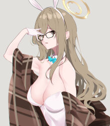 Rule 34 | 1girl, akane (blue archive), akane (bunny) (blue archive), animal ears, blue archive, breasts, brown hair, collar, fake animal ears, glasses, gloves, grey background, halo, highres, ingerdoll, large breasts, leotard, long hair, rabbit ears, simple background, solo, white leotard