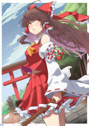 Rule 34 | 1girl, absurdres, ahoge, blue sky, bow, brown hair, chest sarashi, cloud, commentary request, detached sleeves, feet out of frame, frilled skirt, frills, hair bow, hair tubes, hakurei reimu, highres, long hair, looking at viewer, looking to the side, outdoors, parted lips, red bow, red shirt, red skirt, ribbon-trimmed skirt, ribbon-trimmed sleeves, ribbon trim, sarashi, shirt, sidelocks, skirt, sky, solo, standing, torii, touhou, tree, yuuka (a0240765)