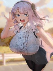 Rule 34 | 1girl, :d, black bra, black flower, black hairband, black pantyhose, black rose, black skirt, blue eyes, blurry, blurry background, bra, breasts, center frills, commentary, commission, dagashi kashi, flower, forest, frills, guard rail, hairband, hand up, high-waist skirt, highres, huge breasts, making-of available, motion lines, nature, open mouth, outdoors, pantyhose, purple hair, ribbon, ringed eyes, rose, ryusei hashida, see-through, shidare hotaru, short hair, signature, skirt, smile, solo, sunset, suspender skirt, suspenders, teeth, underwear, upper body, upper teeth only, waving, wet, wet clothes, wet skirt