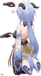 Rule 34 | 1girl, absurdres, ahoge, backless outfit, bare back, bare shoulders, black gloves, blue hair, breasts, commentary request, detached sleeves, disembodied limb, eroborne, from behind, ganyu (genshin impact), genshin impact, gloves, highres, horns, long hair, long sleeves, medium breasts, simple background, skirt, standing, very long hair, white background, white skirt