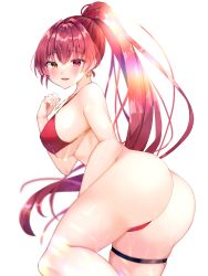 Rule 34 | 1girl, artist request, ass, bare shoulders, bikini, blush, breasts, earrings, from behind, heterochromia, highres, hololive, houshou marine, huge ass, jewelry, large breasts, leaning, leaning forward, long hair, looking at viewer, open mouth, orange eyes, ponytail, red eyes, red hair, shiny skin, sideboob, simple background, smile, solo, sun glare, swimsuit, thigh strap, thong bikini, very long hair, virtual youtuber, wet, wet hair, white background